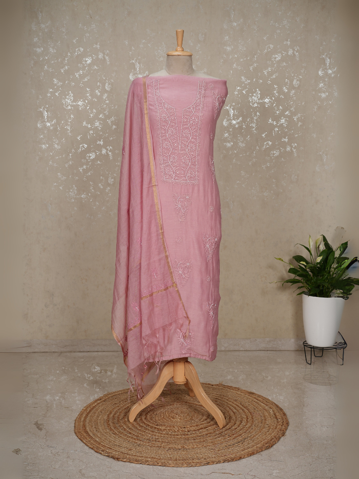 Unstitched Chikankari Mul Chanderi Suit with Pearl & Sequin Embroidery