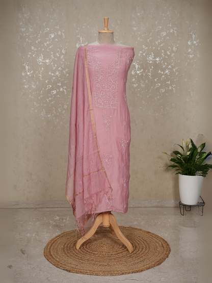 Unstitched Chikankari Mul Chanderi Suit with Pearl & Sequin Embroidery