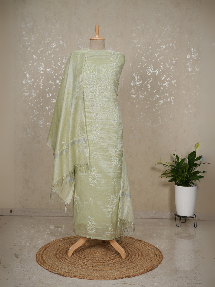 Unstitched Tissue Mul Chanderi Chikankari Suit – Pistachio Green