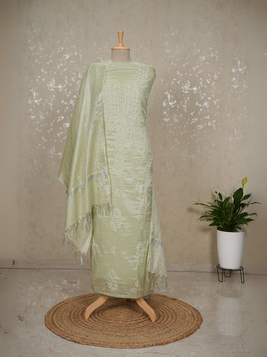 Unstitched Tissue Mul Chanderi Chikankari Suit – Pistachio Green