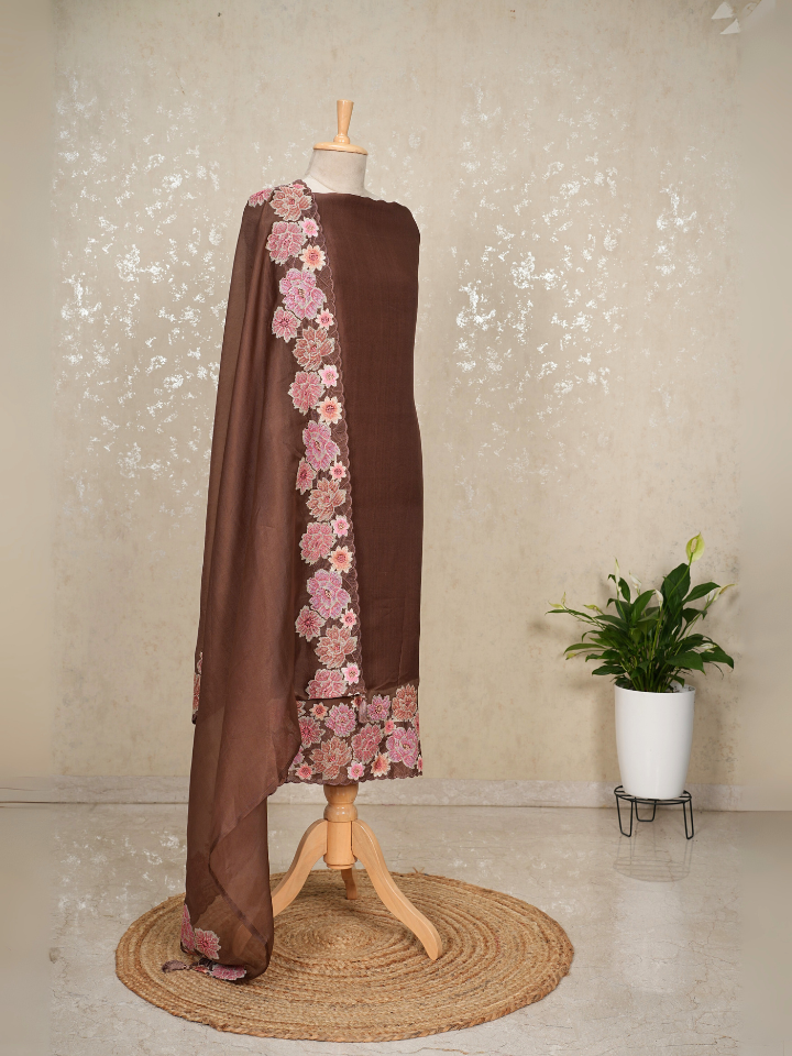 organza silk 3pc set with very fine embroidery on hem and dupatta with pure crepe bottom