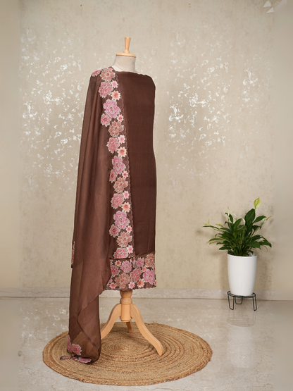 Unstitched Organza Silk Suit with Fine Embroidery & Pure Crepe Bottom – 3 Pc Set