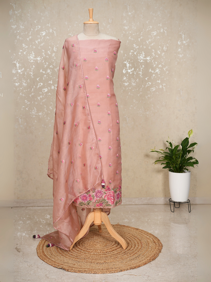 Unstitched Organza Suit with Thread Embroidery & Cutwork Hem – Dusty Pink