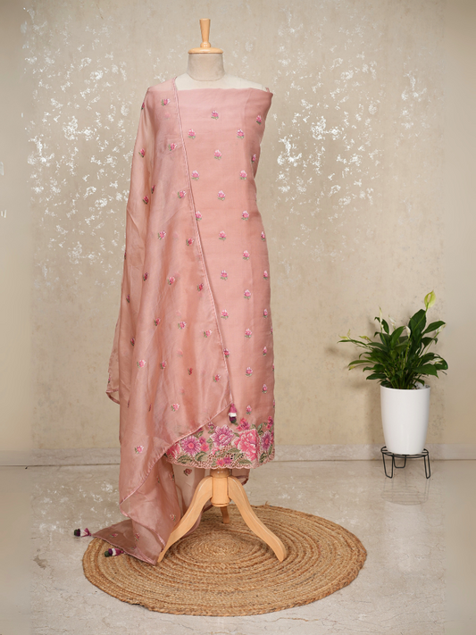 Unstitched Organza Suit with Thread Embroidery & Cutwork Hem – Dusty Pink