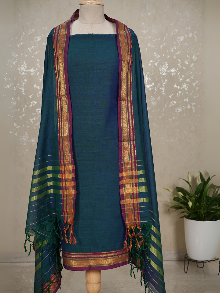 Unstitched Mangalgiri Cotton Suit – Blue