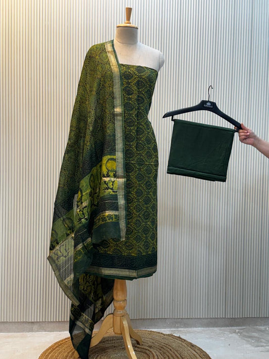 Unstitched Ajrakh Print Maheshwari Silk Suit – Green