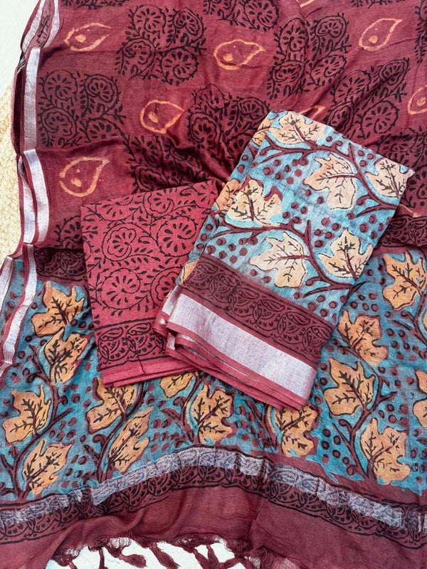 Unstitched Soft Cotton Linen Suit – Deep Red