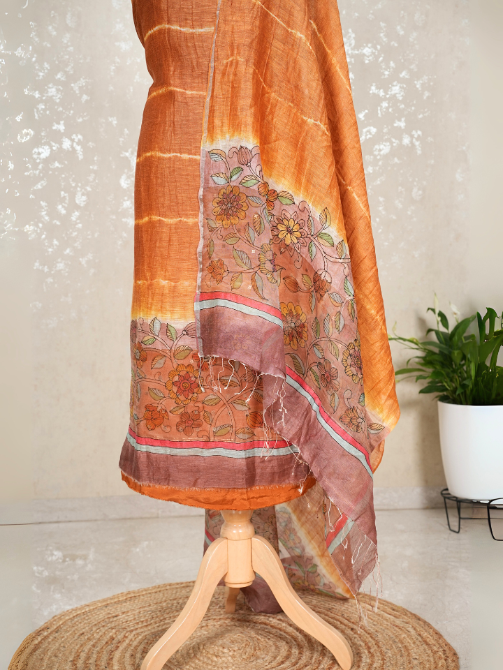 Unstitched Pure Silk Linen Kalamkari Suit with Crepe Bottom & Sequin Weave – 3 Pc Party Set