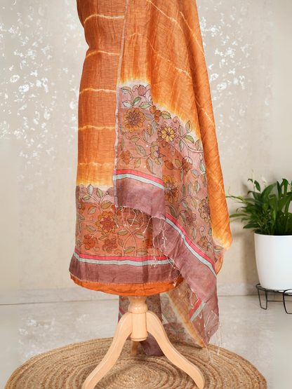 Unstitched Pure Silk Linen Kalamkari Suit with Crepe Bottom & Sequin Weave – 3 Pc Party Set