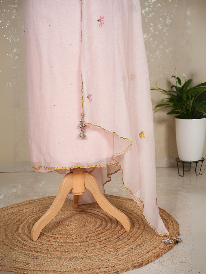 Unstitched Heavy Neck Embroidered Pure Mul Chanderi Suit with Beads & Tassel Dupatta – 3 Pc Set