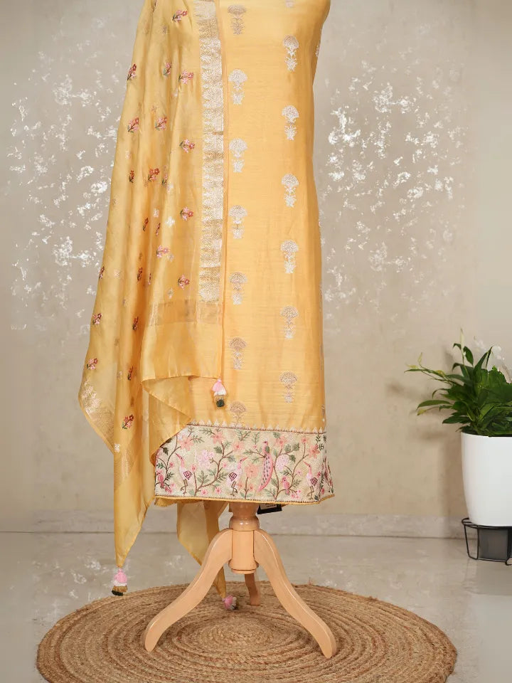 Chanderi Banarasi with zari like embroidery on shirt hem and dupatta with bootas embroidered with imported bottom