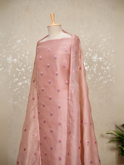 Unstitched Organza Suit with Thread Embroidery & Cutwork Hem