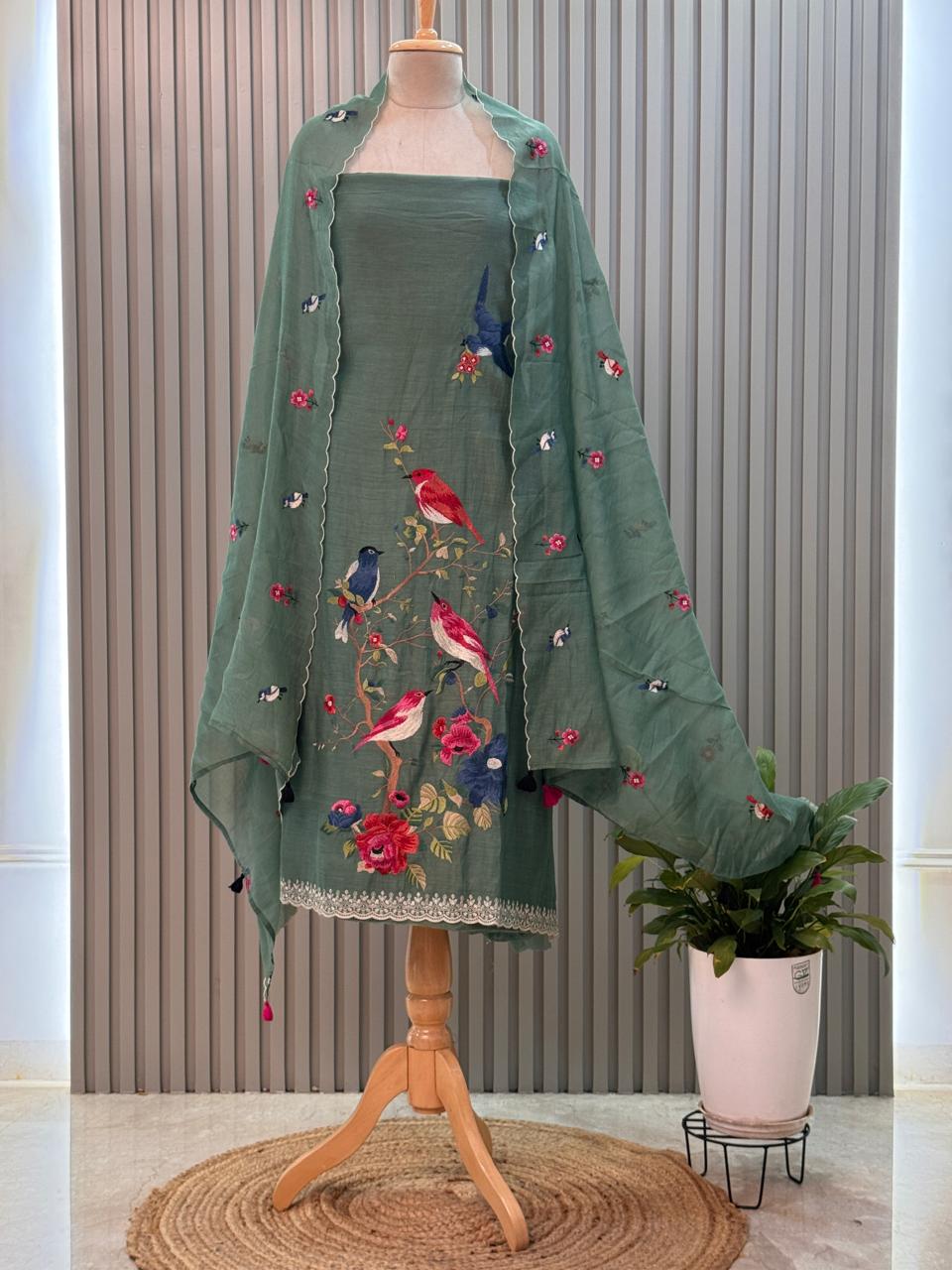 Pure mul chanderi suit with bird resham embroidery