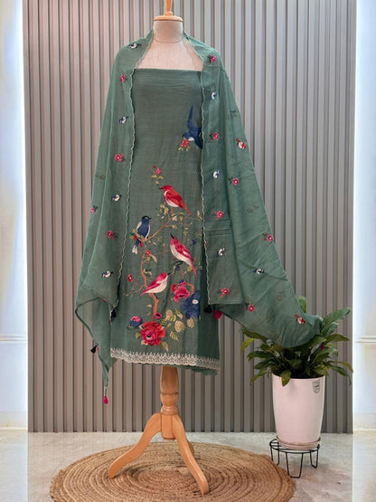 Unstitched Pure Mul Chanderi Suit with Bird Resham Embroidery