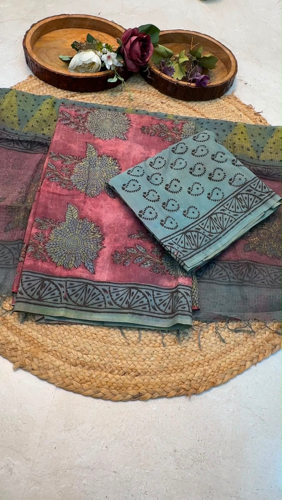 Natural Pomegranate & Vegetable Dyed, Pure Cotton Hand Block Print Suit Set with Kota Doria Dupatta |