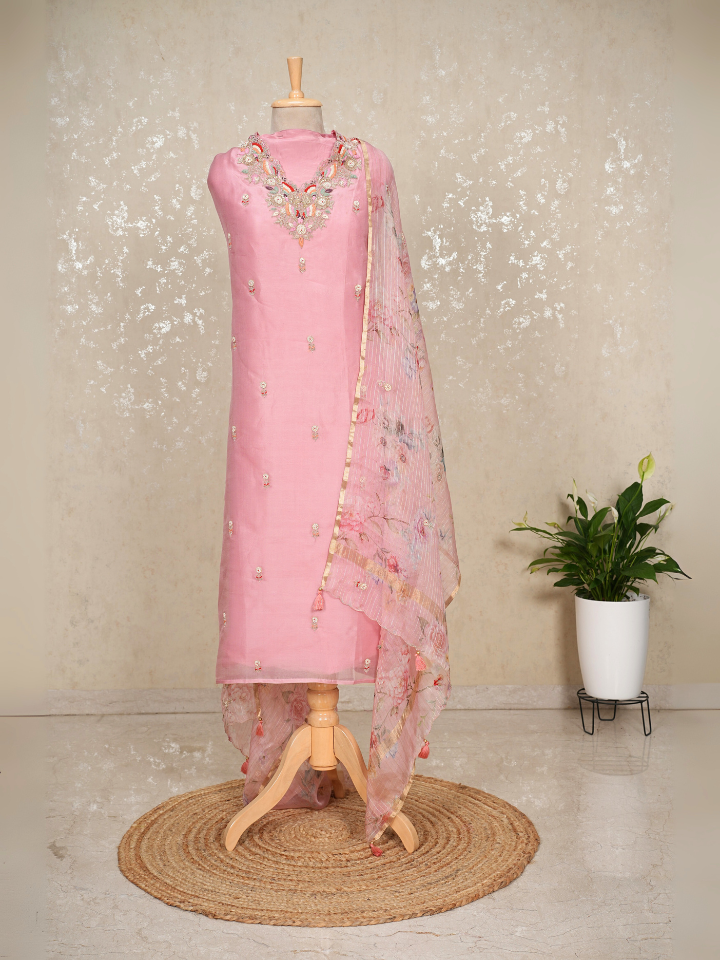 Organza silk 3pc suit set with hand embroidery on neck and shirt and dupatta ,with pure crepe bottoms , extra embroidery for sleeves included