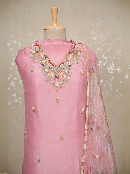 Unstitched Hand Embroidered Organza Silk Suit – Yellow