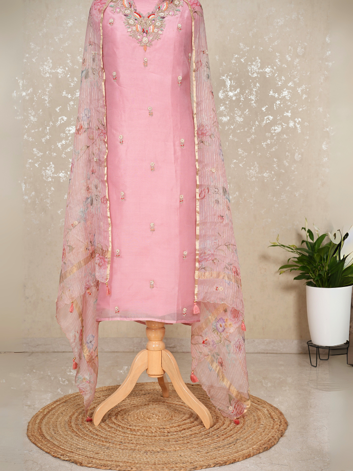 Unstitched Hand Embroidered Organza Silk Suit – Yellow