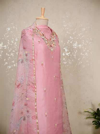 Unstitched Hand Embroidered Organza Silk Suit – Yellow