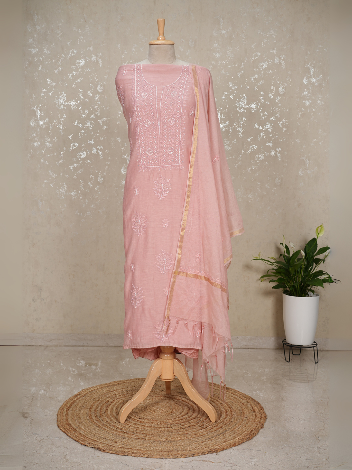 Unstitched Chikankari Mul Chanderi Suit with Pearl & Sequin Embroidery