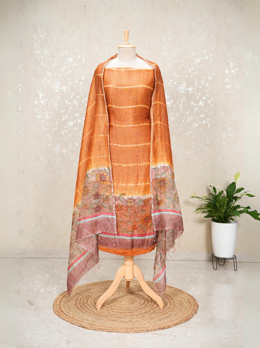 Unstitched Pure Silk Linen Kalamkari Suit with Crepe Bottom & Sequin Weave – 3 Pc Party Set