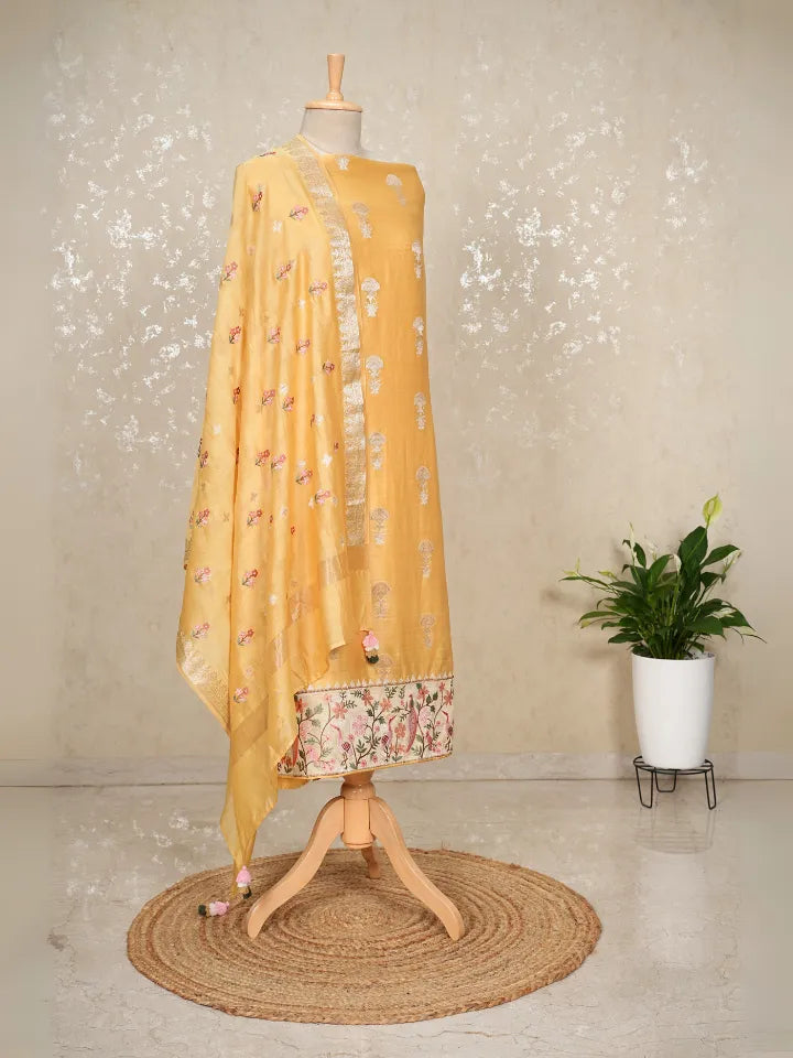 Chanderi Banarasi with zari like embroidery on shirt hem and dupatta with bootas embroidered with imported bottom