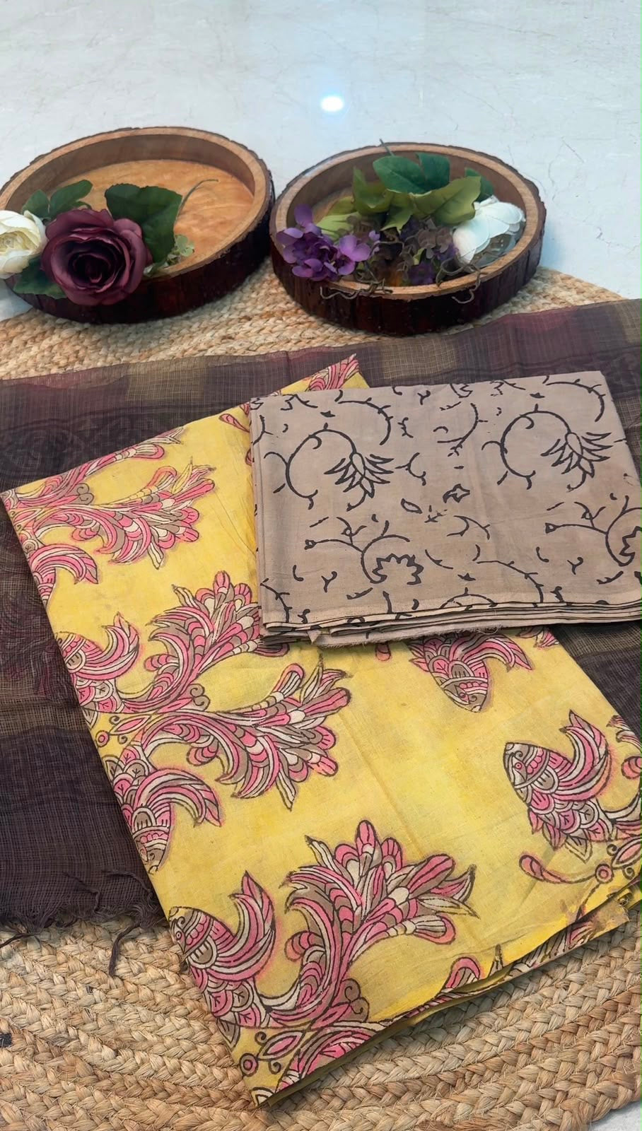 Natural Pomegranate & Vegetable Dyed, Pure Cotton Hand Block Print Suit Set with Kota Doria Dupatta |