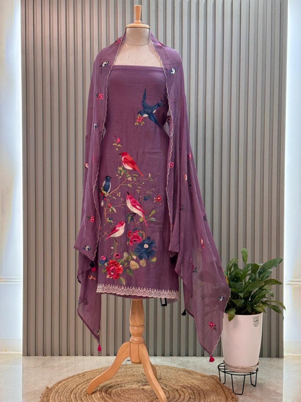 Pure mul chanderi suit with bird resham embroidery