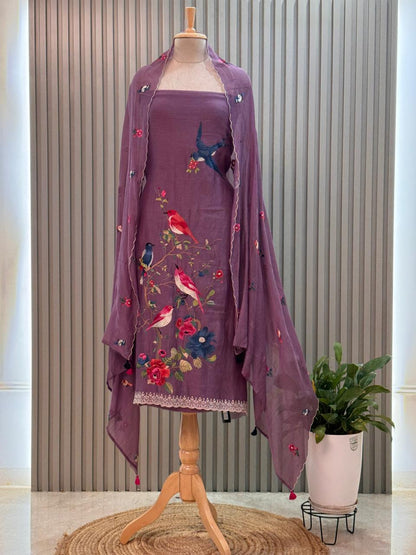 Unstitched Pure Mul Chanderi Suit with Bird Resham Embroidery