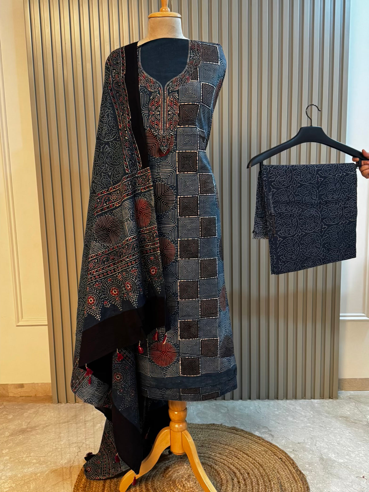 Unstitched Kutch Ajrakh Cotton Suit – Blue