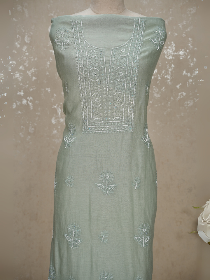 Unstitched Chikankari Mul Chanderi Suit with Pearl & Sequin Embroidery
