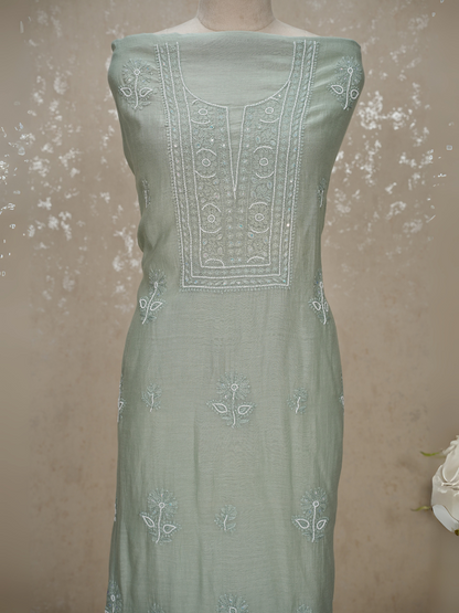 Unstitched Chikankari Mul Chanderi Suit with Pearl & Sequin Embroidery