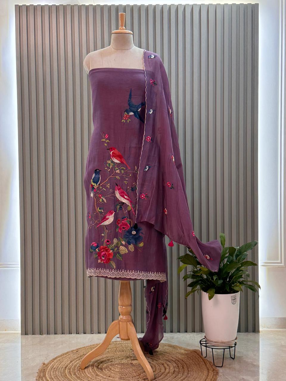 Pure mul chanderi suit with bird resham embroidery