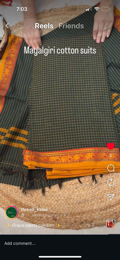 Unstitched Mangalgiri Cotton Suit – Green Check
