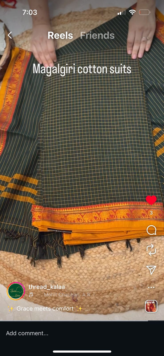 Unstitched Mangalgiri Cotton Suit – Green Check