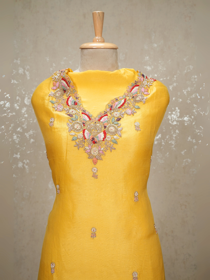 Unstitched Hand Embroidered Organza Silk Suit – Yellow