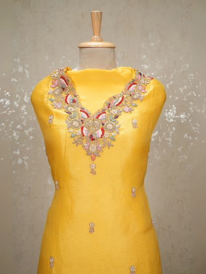 Unstitched Hand Embroidered Organza Silk Suit – Yellow