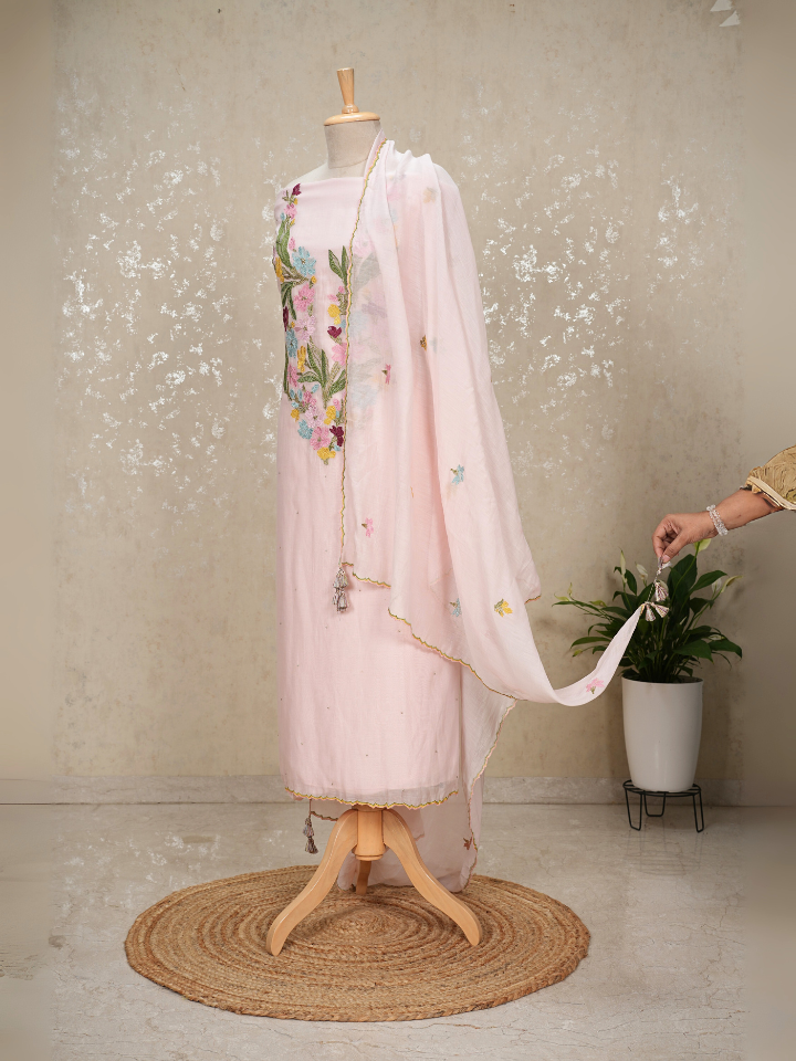 Unstitched Heavy Neck Embroidered Pure Mul Chanderi Suit with Beads & Tassel Dupatta – 3 Pc Set
