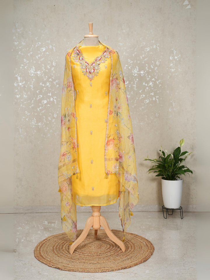 Unstitched Hand Embroidered Organza Silk Suit – Yellow