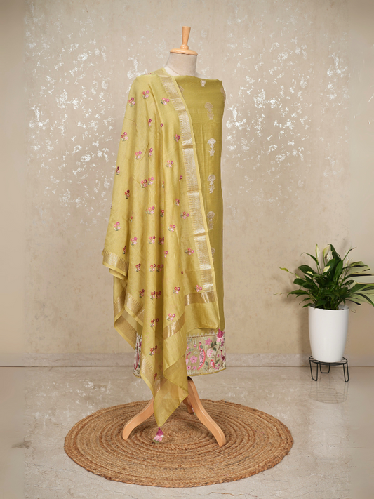 Unstitched Banarasi Chanderi Suit with Zari Booti – Green