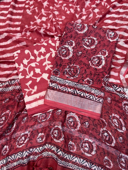 Unstitched Soft Cotton Linen Suit – Dark Red