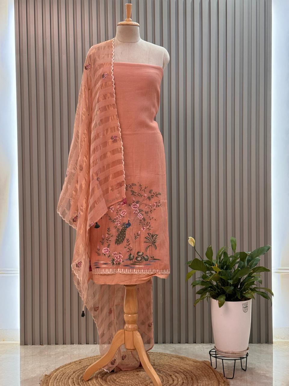 Peacock Motif Mul Chanderi Suit with Tissue Strip Dupatta