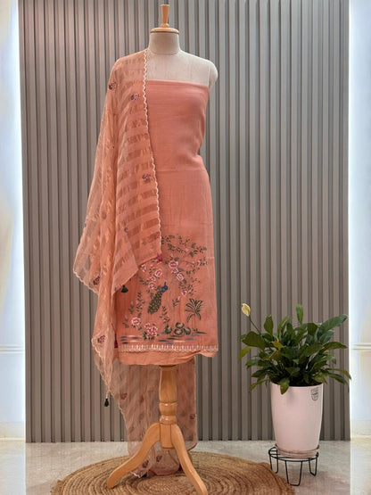 Unstitched Peacock Motif Mul Chanderi Suit with Tissue Strip Dupatta