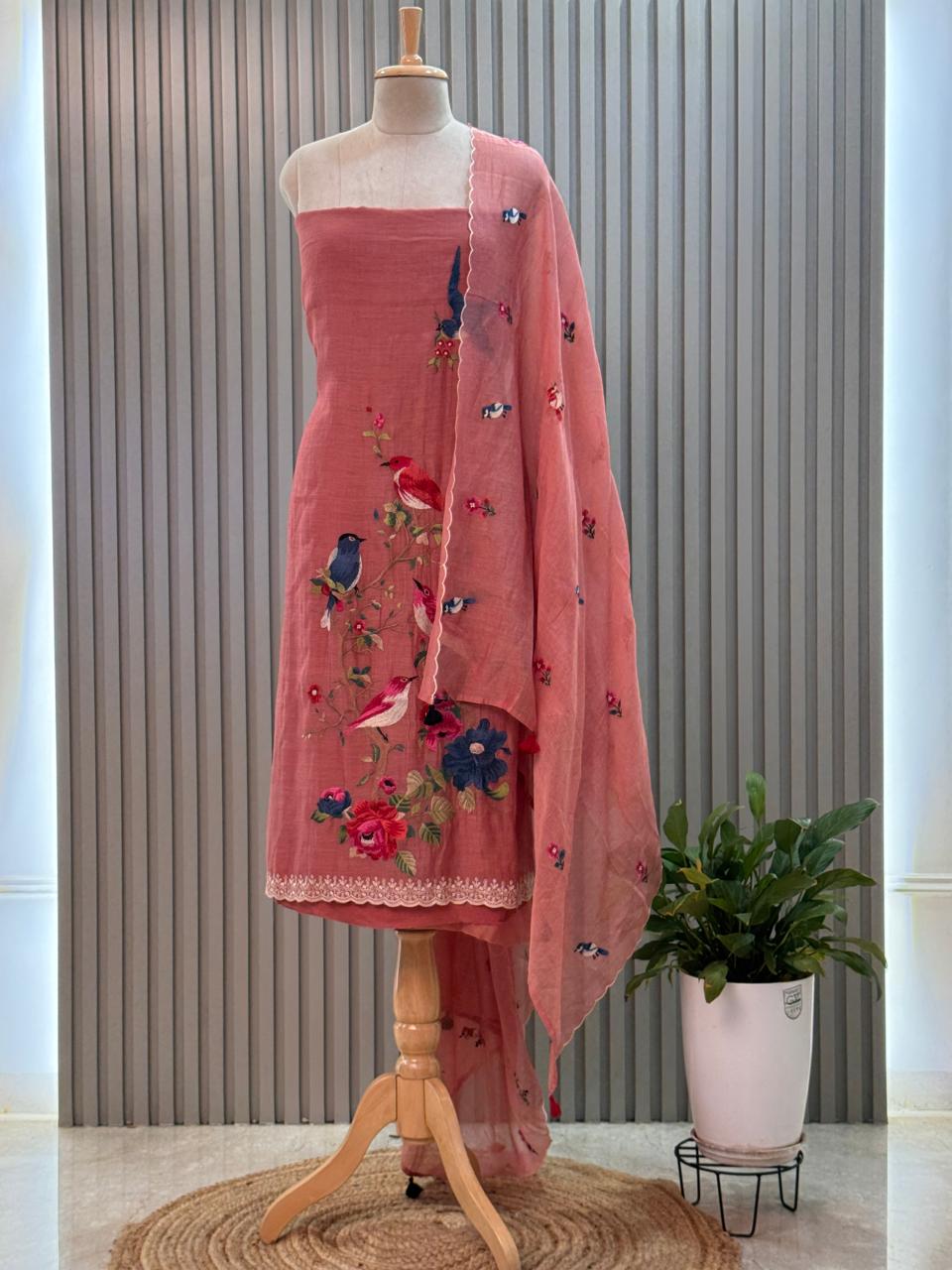 Pure mul chanderi suit with bird resham embroidery