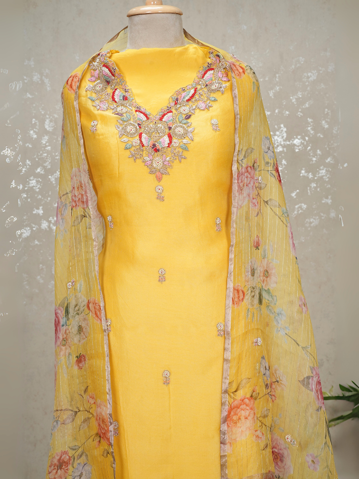 Unstitched Hand Embroidered Organza Silk Suit – Yellow