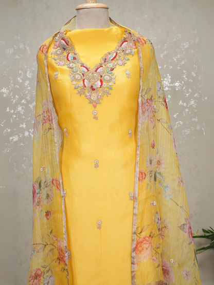 Unstitched Hand Embroidered Organza Silk Suit – Yellow