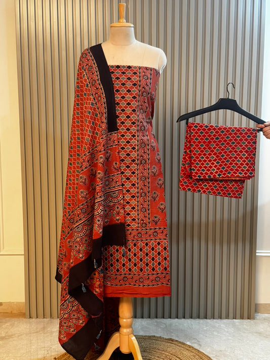 Unstitched Kutch Ajrakh Cotton Suit – Carrot Red