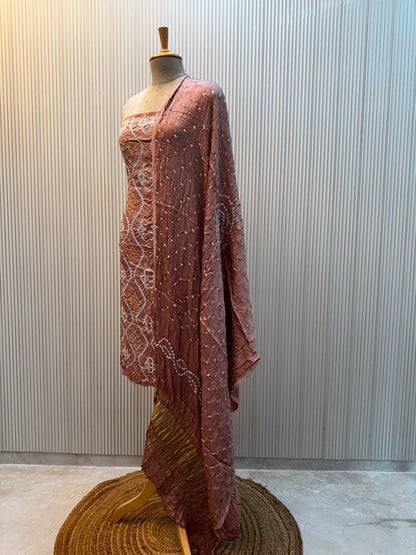 Unstitched Modal Silk Bandhani Suit – 3 Pc Set