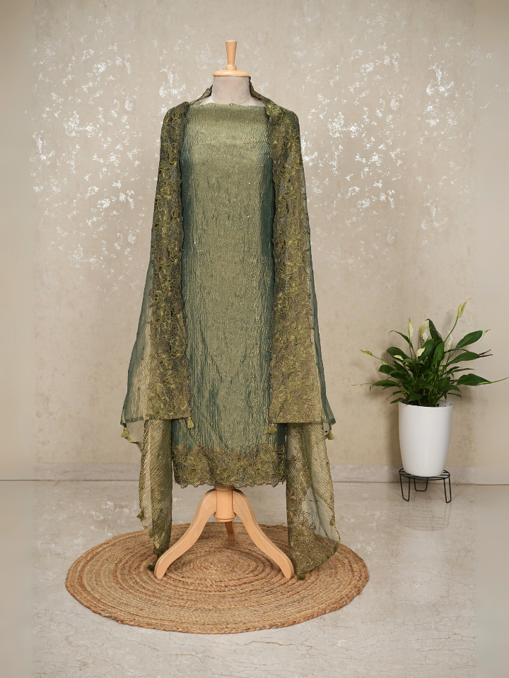 Unstitched Crush Tissue Suit with Mirror Work – Green
