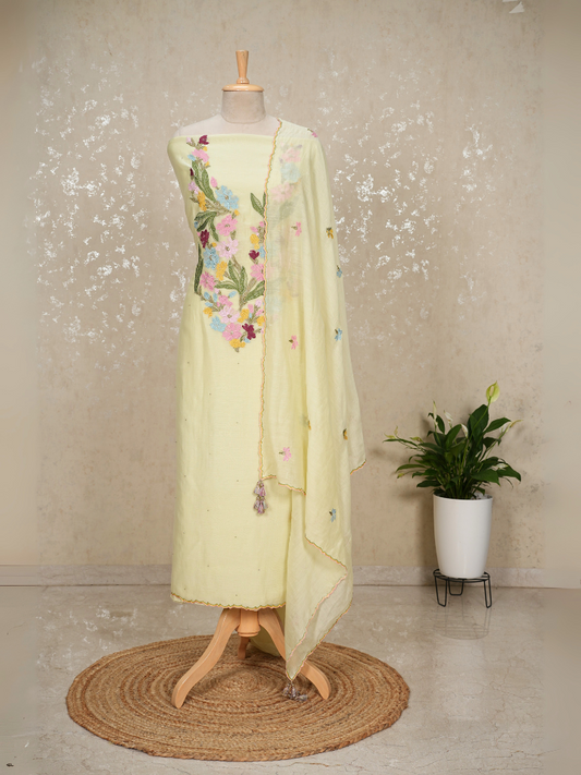 Unstitched Heavy Neck Embroidered Mul Chanderi Suit – Light Yellow